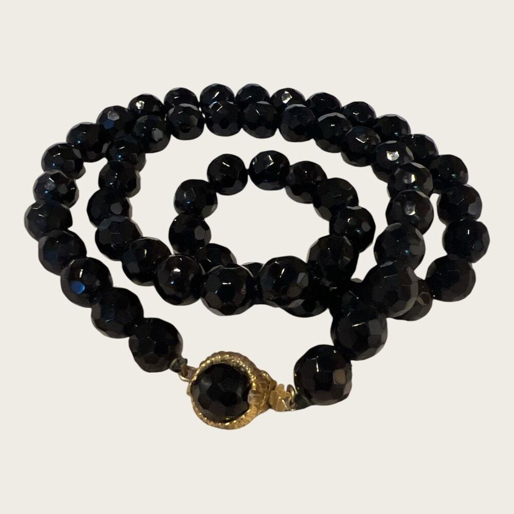 Vintage Mid-Century c. 1950s–1960s Faceted Black Glass Bead Necklace